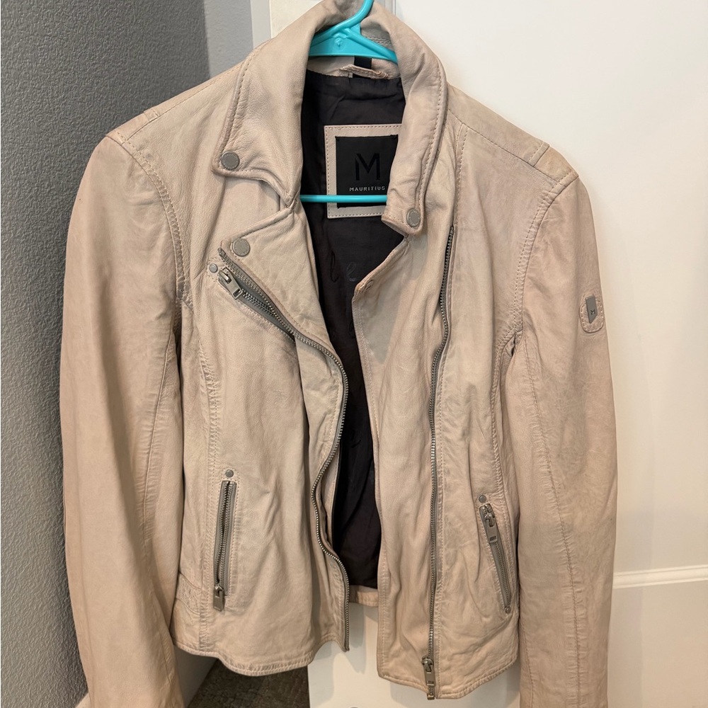 Cream Leather Biker Jacket